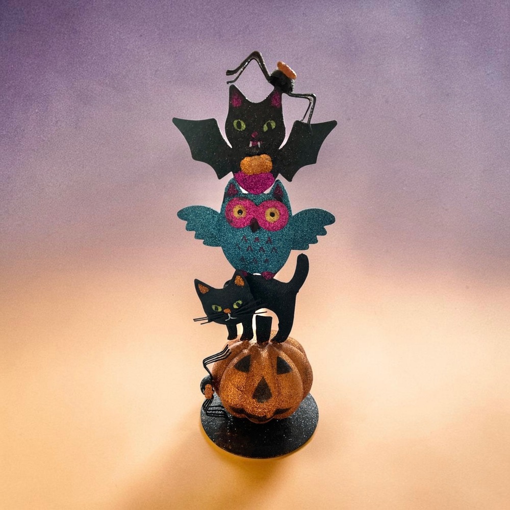 Halloween Totem Tabletop Decor Glitter Pumpkin Black Cat Owl Bat Spider 15.5in